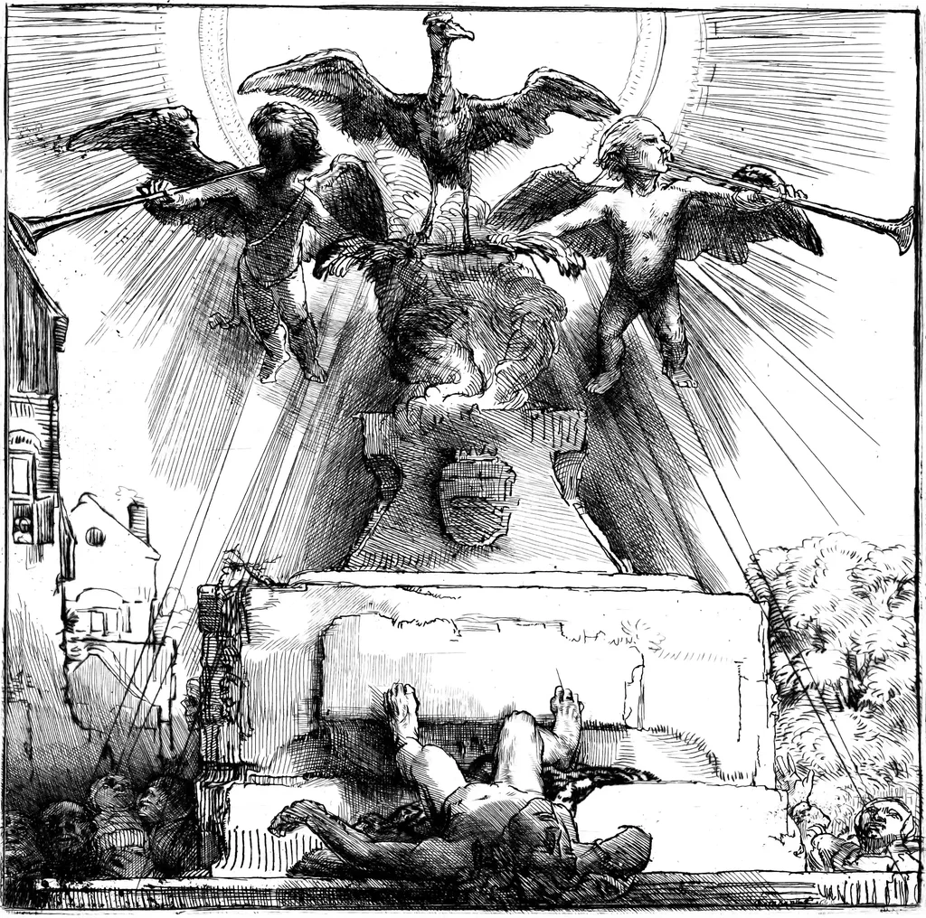 Etching of a phoenix rising from a plinth, flanked by trumpeting cherubs, above a toppled statue